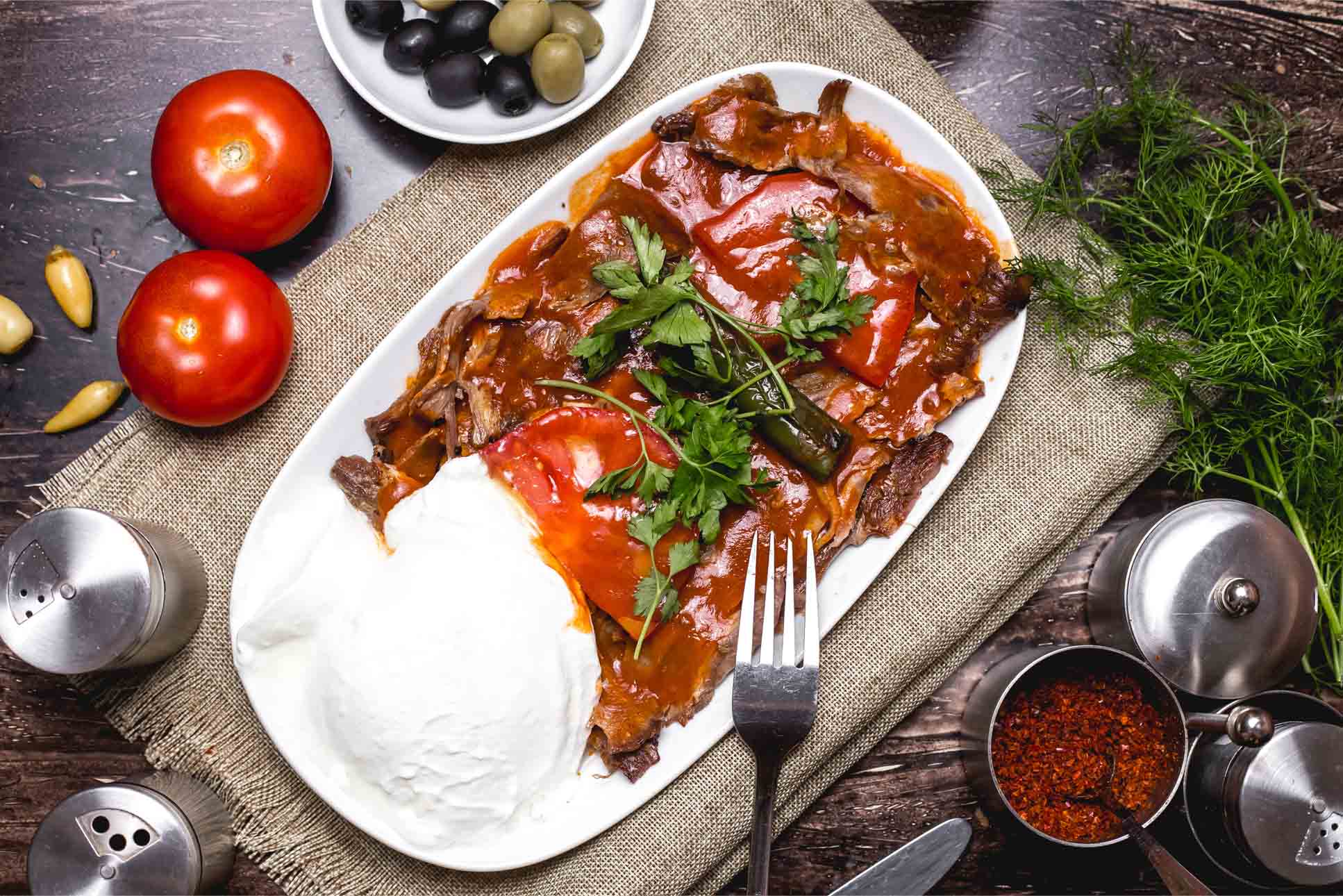 top view of iskender kebab