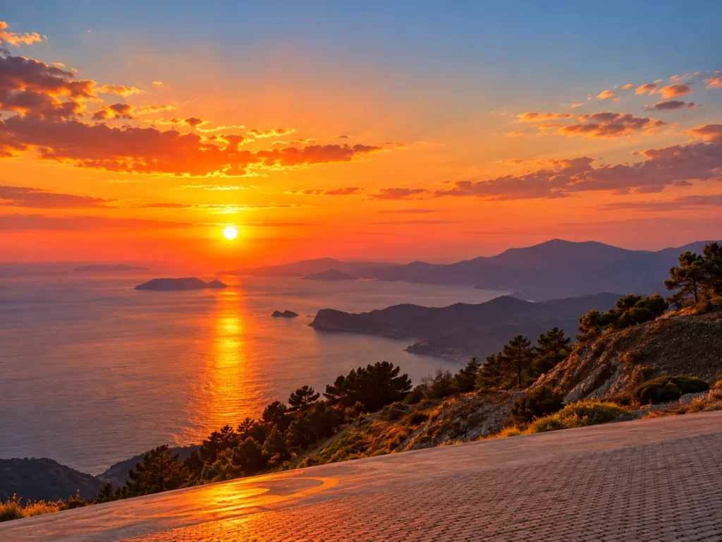 Babadağ ve Ölüdeniz manzarasında gün batımını temsil eden görsel