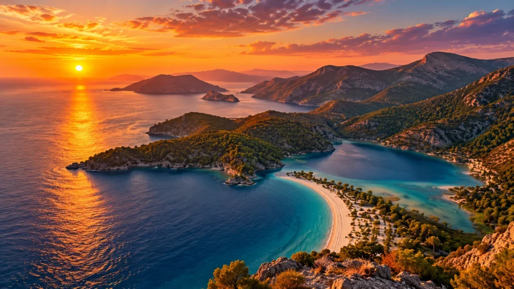 Ölüdeniz ve Kumburnu'nda gün batımını temsil eden manzara
